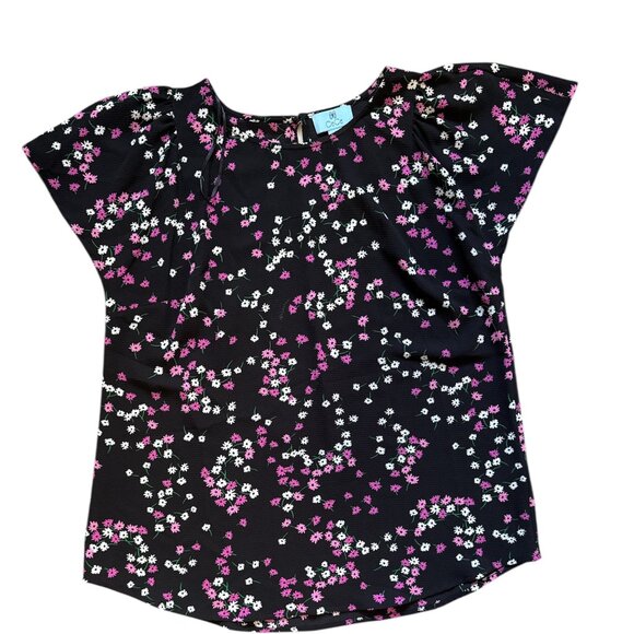CeCe by Cynthia Steffe Black Floral Flutter Sleeve Blouse Women’s Size M - Picture 1 of 4